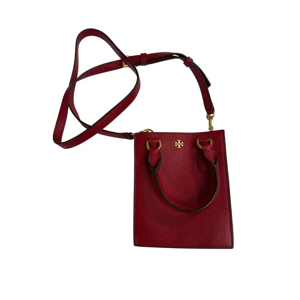 Tory Burch Blake Red Pebbled Leather Mini Shopper Tote Crossbody Shoulder Bag